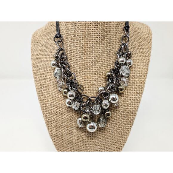 Silver Tone Necklace Beaded Statement Layered Multi-Strand Chunky Cluster - Picture 2 of 5